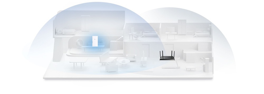 Schéma dvoupodlažního domu ukazuje modré signály Wi-Fi z routeru, které pokrývají jednotlivé místnosti. Mezi tyto místnosti patří ložnice, obývací pokoj a jídelna.