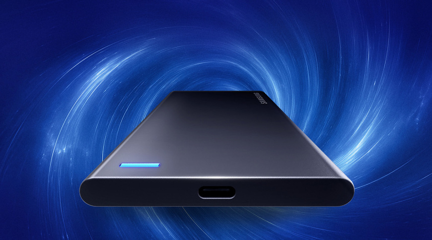 SSD externí Samsung P7 1TB černý Samsung P7 s modrou stavovou diodou a USB-C konektorem v černém provedení