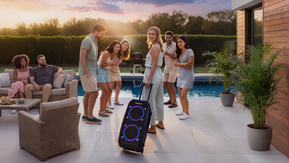 Párty u bazénu s reproduktorem Panasonic SC-BMAX30