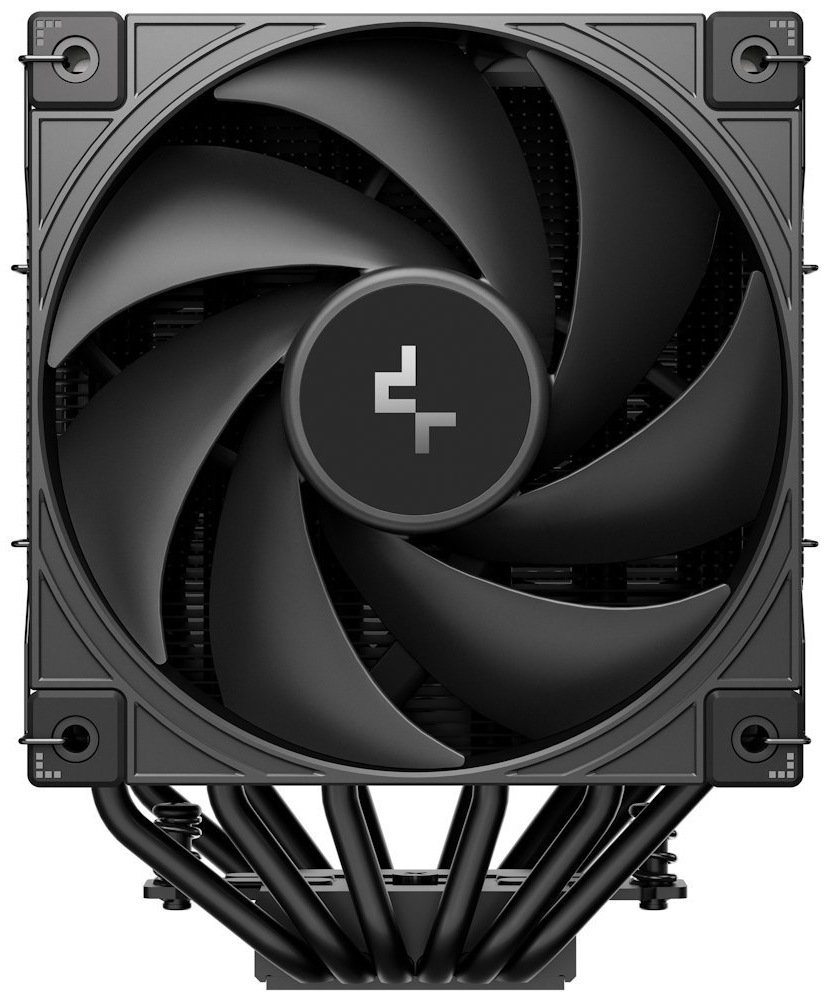 Chladič CPU DeepCool AK620 G2 černý Na obrázku je chladič CPU DeepCool AK620 G2 z čelního pohledu. Většinu plochy zabírá velký černý ventilátor v čtvercovém rámu, uprostřed s logem. Za ventilátorem jsou vidět hustá kovová žebra chladiče a dole vyčnívá šest černých zahnutých trubiček (heatpipe), které odvádějí teplo od procesoru do věží chladiče.