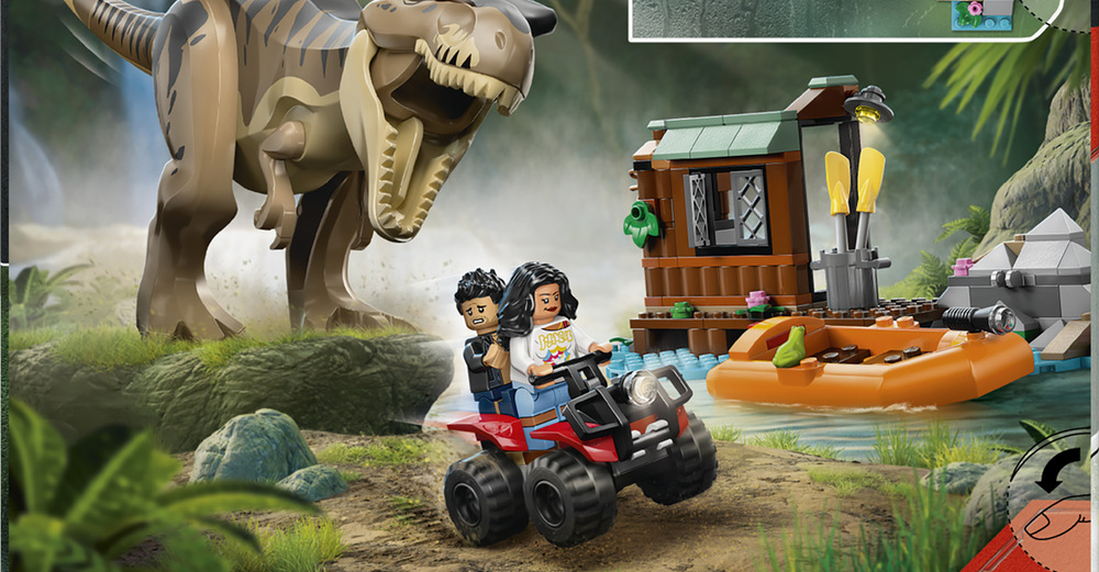 Stavebnice LEGO® Jurassic World 76975 T-rex a útěk po řece Loďka, vystřelovač a minifigurky Teresy Delgadové a Xaviera Dobbse umožní dětem rozehrávat vlastní útěky.