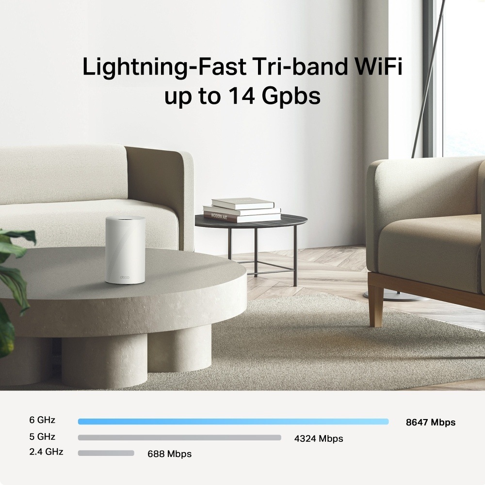 Komplexní Wi-Fi systém TP-Link Deco BE68 (1 ks) bílý Mesh router Deco BE68 na konferenčním stolku v obývacím pokoji s přehledem rychlostí pásem.