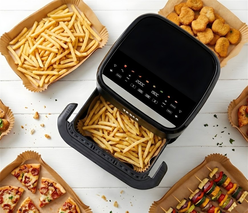 Papírové formy Tesla AirCook QB2075 použité v horkovzdušné troubě
