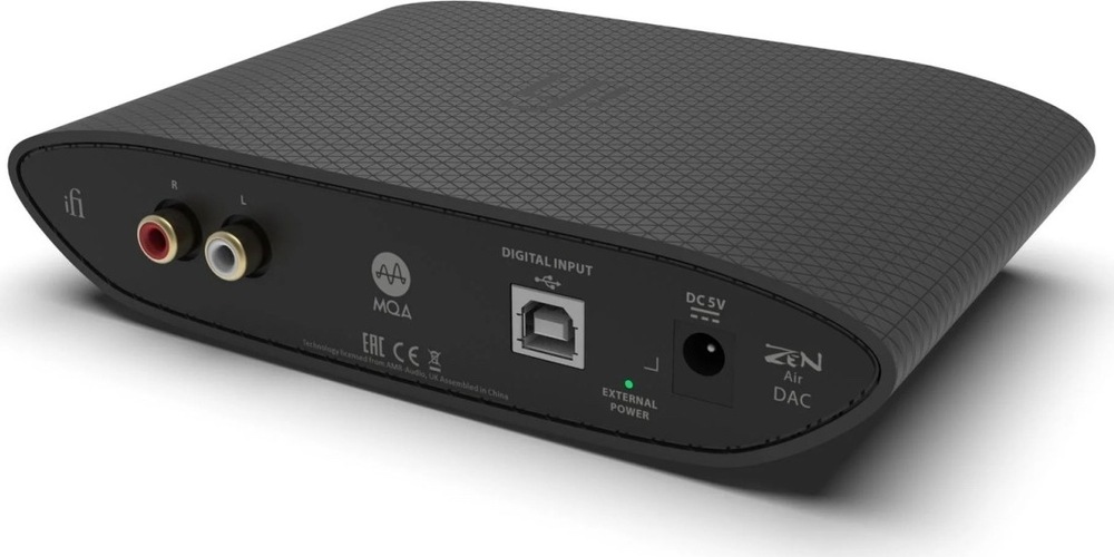 Sluchátkový zesilovač iFi audio ZEN Air DAC černý Zadní strana iFi Audio ZEN Air DAC s RCA výstupy, USB-B digitálním vstupem a konektorem pro externí 5V napájení.