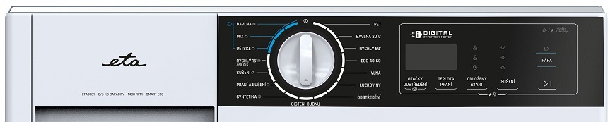 Ovládací panel vestavné pračky se sušičkou ETA 388190001AD s invertorovým motorem, přehledným LED displejem a českými popisky programů jako Bavlna, Rychlý 15' nebo Praní a sušení