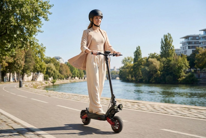 Elektrická koloběžka Sencor SCOOTER X40 černá Žena na elektrické koloběžce Sencor SCOOTER X40 při jízdě po městské cyklostezce.
