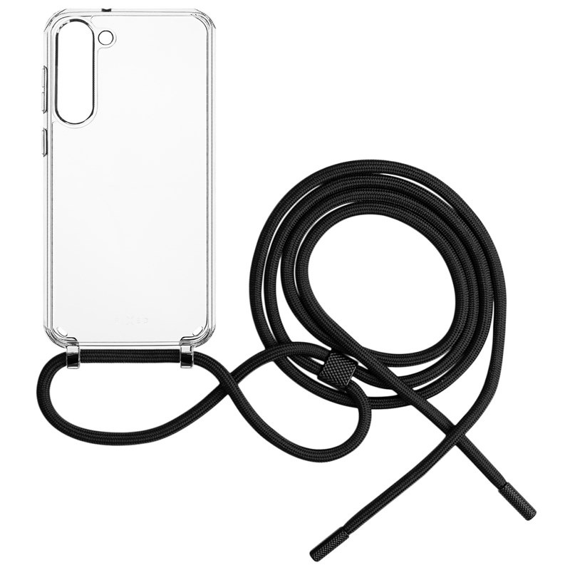 Kryt na mobil FIXED Pure Neck s černou šňůrkou na krk na Samsung Galaxy S23+ průhledný