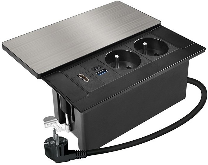 Zásuvkový modul Solight 2 zásuvky, HDMI, USB-A, USB-C, PD 20W, s posuvným krytem pro pracovní stoly, kanceláře i domácí interiéry