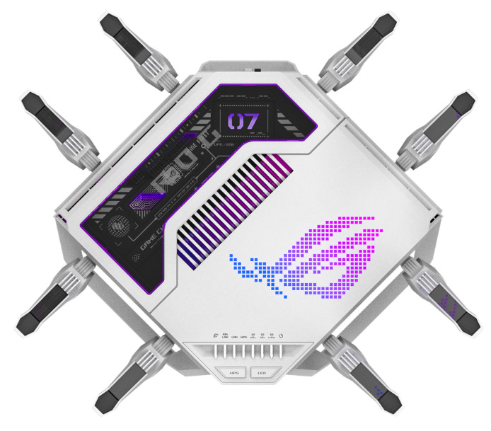 Horní pohled na herní router ASUS ROG Rapture GT-BE19000AI s osmi anténami a RGB logem