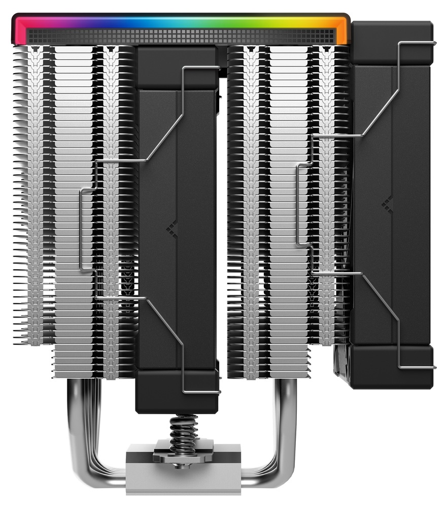 Chladič CPU DeepCool AK620 Digital SE černý Na obrázku je chladič CPU DeepCool AK620 Digital SE z bočního pohledu. Vidíte dva vedle sebe stojící bloky hustých stříbrných žeber (dvojitá „věž“) a mezi nimi i vpravo dva černé ventilátory, které jsou přichycené drátěnými sponami. Nahoře je dlouhý horní panel s duhovým barevným pruhem po okraji a tmavou mřížkou (část s digitálním zobrazením). Dole je vidět základna chladiče a šest stříbrných zahnutých trubiček (heatpipe), které odvádějí teplo do žeber. Nahoře ARGB podsvícení.