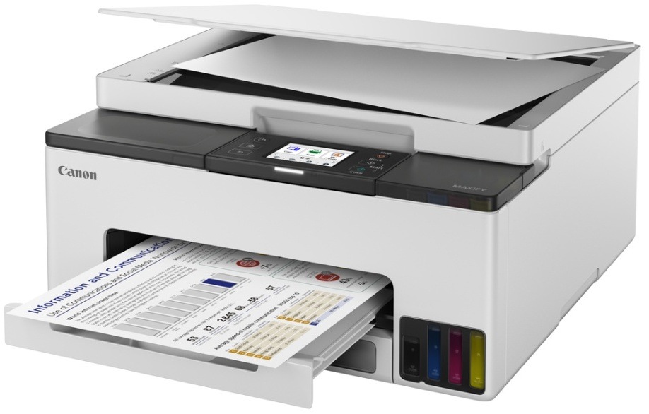 Tiskárna Canon MAXIFY GX1040 s vytištěným dokumentem ve výstupním zásobníku.