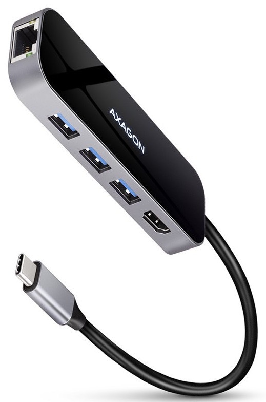 USB Hub Axagon USB 3.2 Gen 1 hub, 3x USB-A, HDMI 4k/60Hz, RJ-45 GLAN, PD 100W, kabel USB-C 20cm šedý