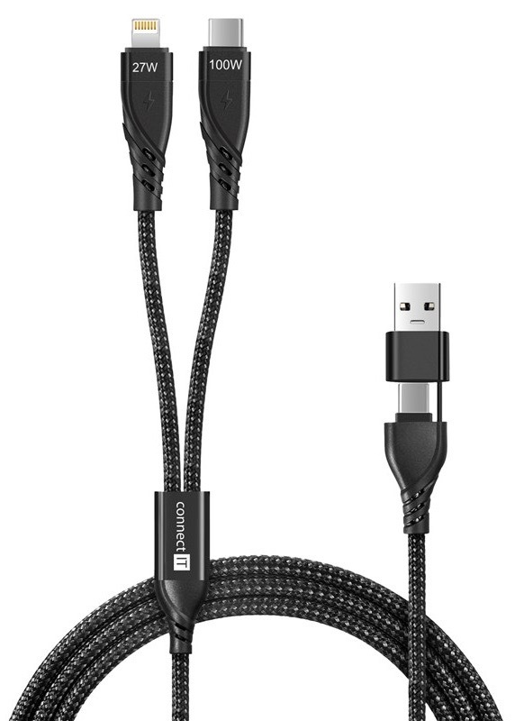 Kabel Connect IT Wirez 4in1 1x USB-C, 1x Lightning, 1,25 m černý