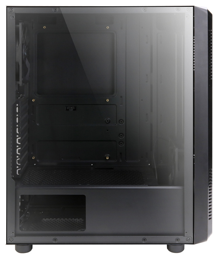 Na obrázku je boční pohled na PC skříň Zalman S4 s nasazenou průhlednou bočnicí z tónovaného skla. Přes sklo je vidět prázdný vnitřek skříně – prostor pro základní desku, pozice pro rozšiřující karty vlevo a dole kryt pro zdroj se samostatným oddílem. Bočnice je uchycená šrouby v rozích a na pravém okraji je patrná část předního panelu s větracími průduchy. Skříň stojí na dvou viditelných nožkách.