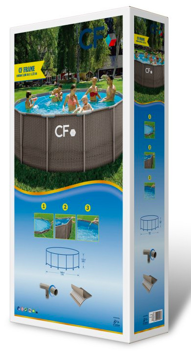 Krabice bazénu CF FRAME 366 × 122 cm ratan s náhledem konstrukce a parametrů