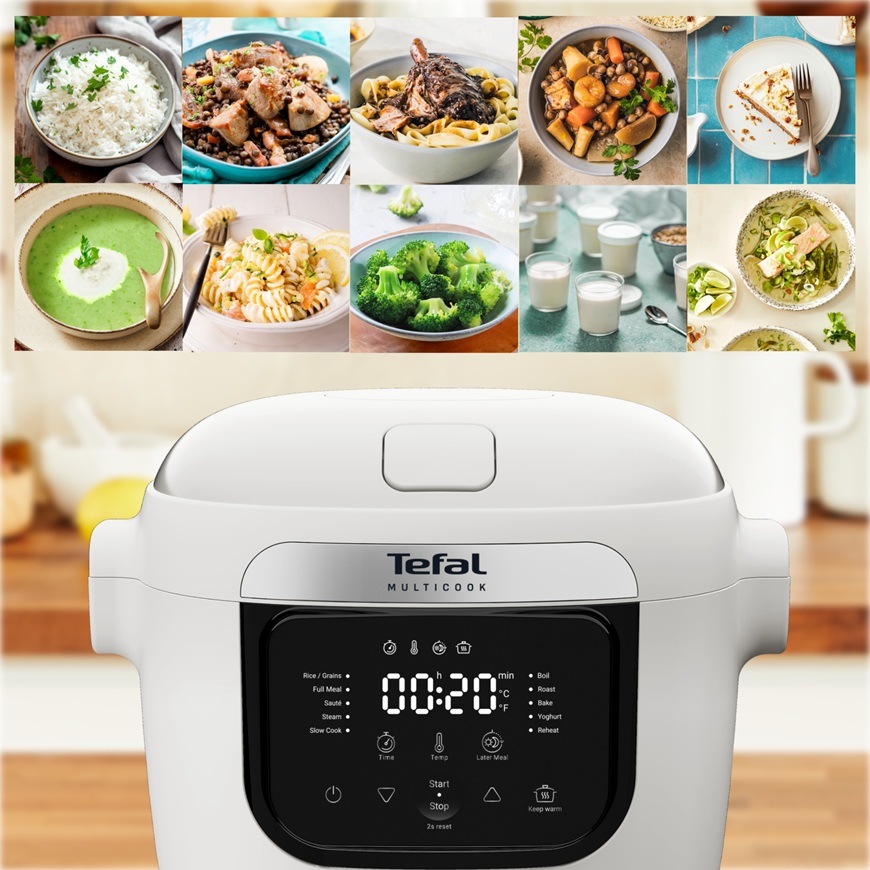 Multifunkční hrnec Tefal MY700BF0 Multicook s digitálním displejem a ukázkou různých jídel, která lze v přístroji připravit.