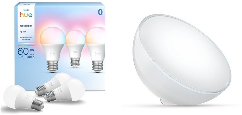 Chytrá žárovka Philips Hue Essential Bluetooth, 8 W, A60, E27, White and Color Ambiance (3 ks) + Stolní LED lampička Philips Hue Go Bluetooth White and Color Ambiance Balení žárovek a lampička Hue Go.