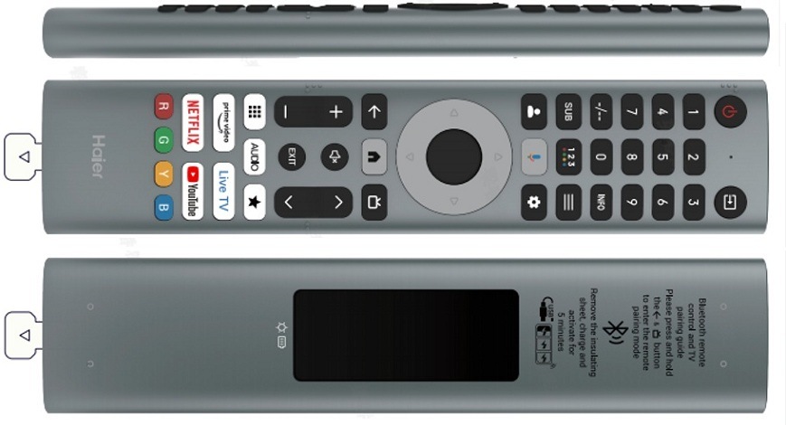 ovladač televize Haier zboku, zepředu a zezadu