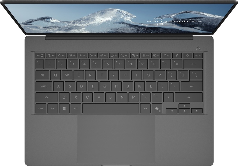 Notebook Asus Zenbook A14 šedý Detail klávesnice a prostorného touchpadu notebooku ASUS Zenbook A14