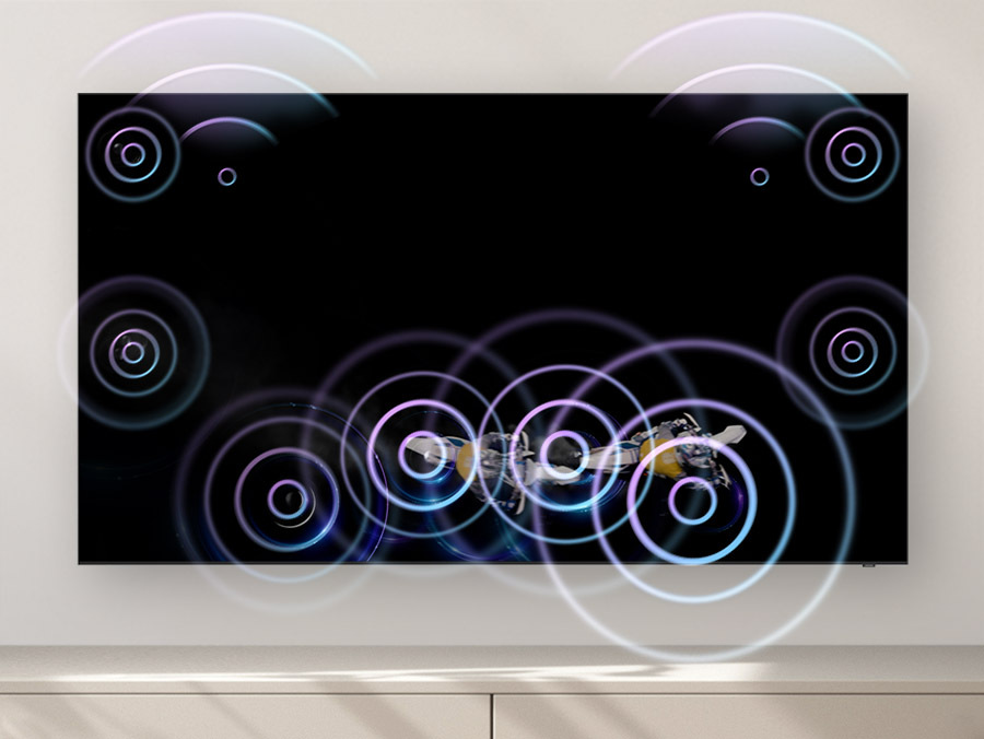 Televize Samsung pověšená na zdi, kroužky vycházející z televize znázorňují šíření zvuku