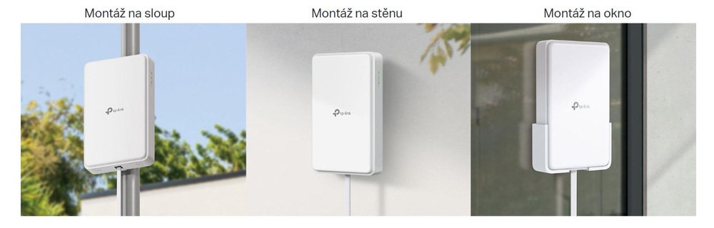 Instalace zařízení ve venkovním prostředí: vlevo, namontované na sloupu proti modré obloze; uprostřed, namontované na stěně na bílém povrchu; vpravo, namontované na okně s výhledem na zeleň venku.