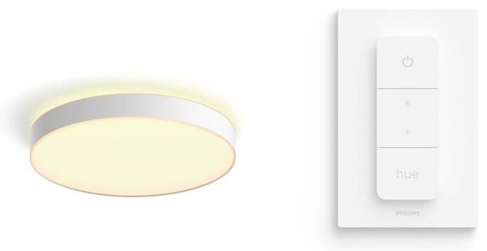 Stropní svítidlo Philips Hue Enrave XL v bílé barvě s ovladačem Hue Dimmer Switch V2 na zdi