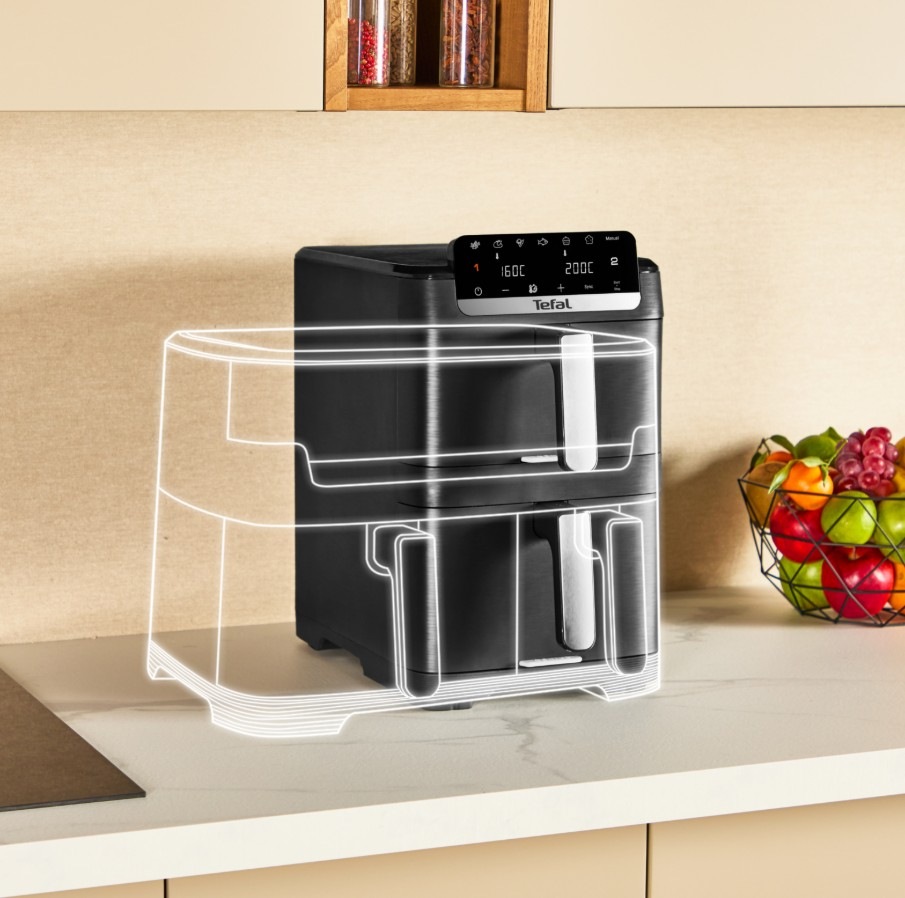 Fritéza horkovzdušná Tefal EY7568E0 Easy Fry Crispy Stack černá Fritéza Tefal a zobrazení úspory místa na kuchyňské lince