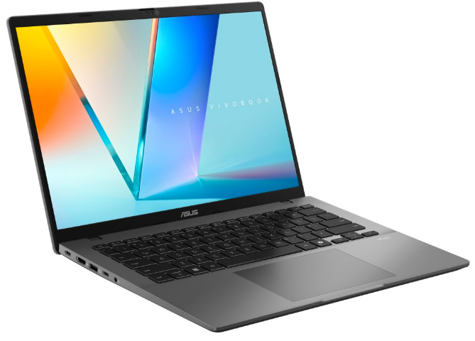 Otevřený notebook ASUS Vivobook S14 s OLED displejem při pohledu zleva