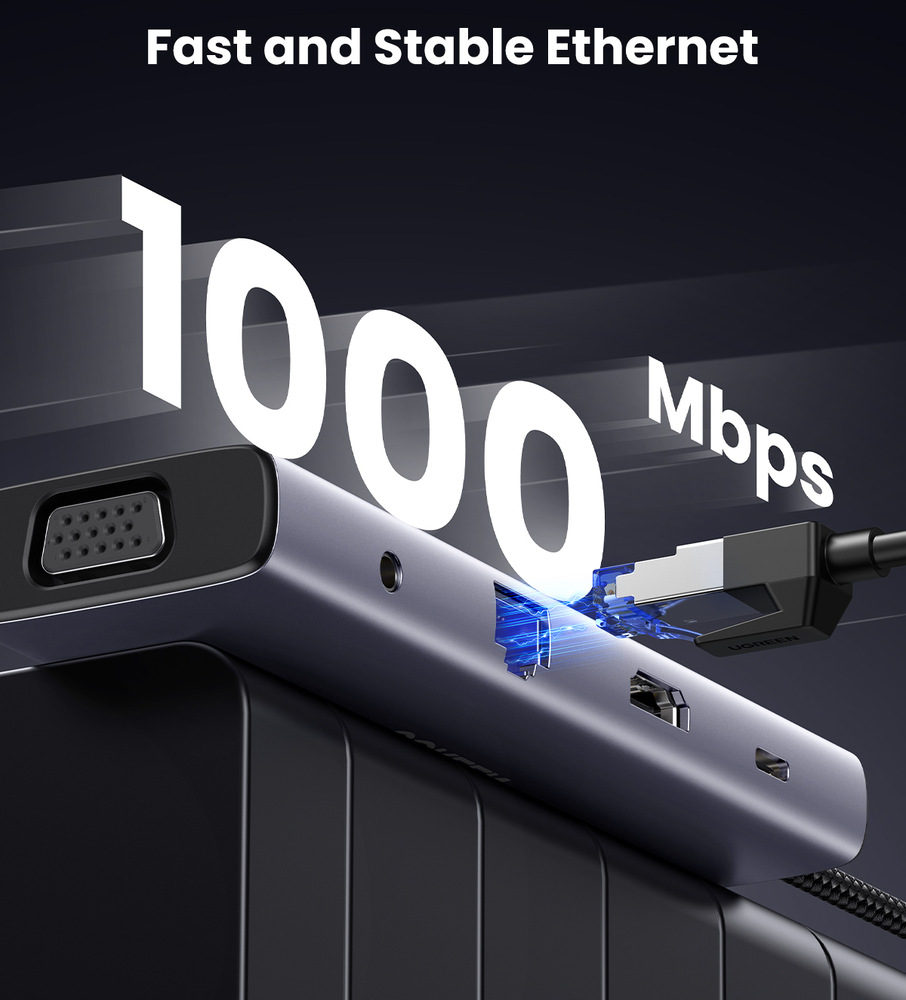 Dokovací stanice UGREEN USB-C/3×USB, SD, VGA, 3,5mm Jack, RJ45, HDMI šedá
