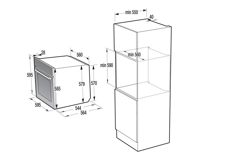 Schéma trouby Gorenje BPSA6138B s rozměry pro zabudování