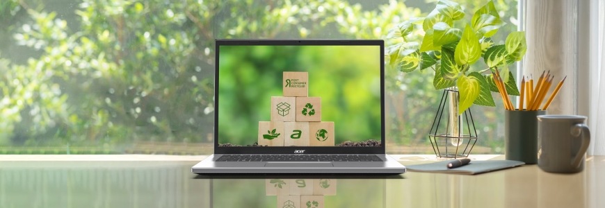 Zelené ikony zobrazené na displeji šetrného notebooku Acer Aspire Go 15