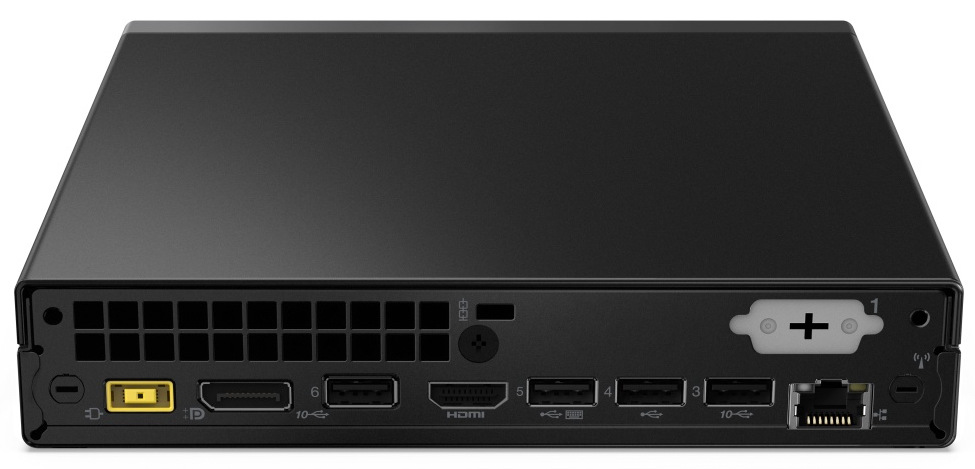 PC mini Lenovo ThinkCentre neo 50q Gen 4 černý Snímek zadní části mini PC. Jsou zde USB porty, LAN konektor a dvojice obrazových výstupů HDMI + DisplayPort. V levé horní části jsou čtvercové otvory pro lepší proudění vzduchu.