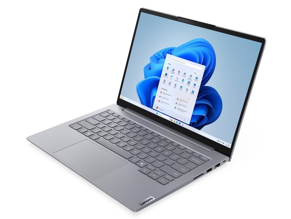 Notebook Lenovo ThinkBook 14 G9 AHP šedý Otevřený a zapnutý notebook Lenovo ThinkBook 14 G9 AHP otočený doleva