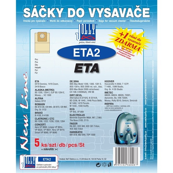 Sáčky Jolly do vysavače ETA v počtu 5 + 1 ks, snadná instalace