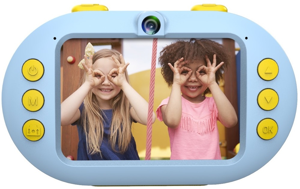 Digitální fotoaparát AgfaPhoto Realikids Water Proof modrý Displej fotoaparátu AgfaPhoto Realikids Cam Waterproof s fotografií dvou dětí.