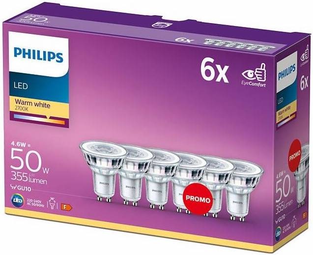 Žárovka LED Philips bodová, 4,6W, GU10, teplá bílá, 6ks