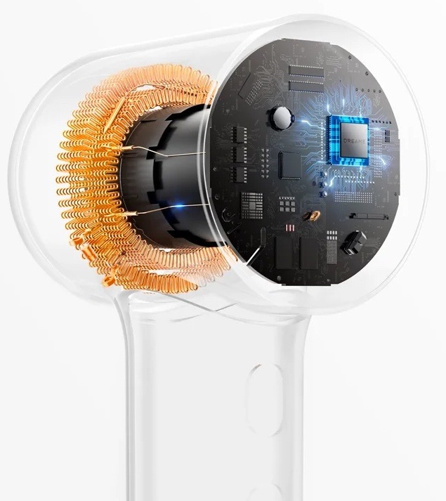 Fén Dreame Hair Mini Purple fialový Řez vysoušečem Dreame Hair Mini zobrazující vysokorychlostní motor a vnitřní elektroniku pro efektivní proudění vzduchu