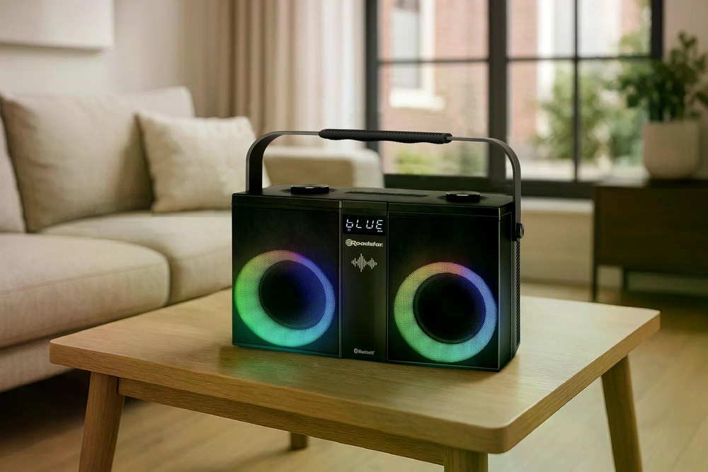 Bluetooth reproduktor Roadstar s RGB světly na dřevěném stolku v moderním obývacím pokoji.