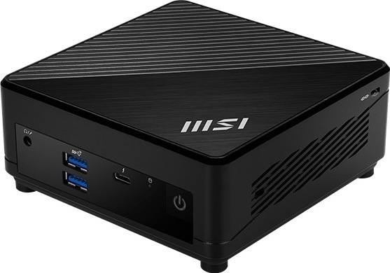 PC mini MSI Cubi 5 1M-610EU černý Mini PC MSI Cubi 5 z šikmého pohledu v černém provedení, s vroubkovaným horním panelem, logem MSI, USB porty, USB-C, audio konektorem a bočním větráním.