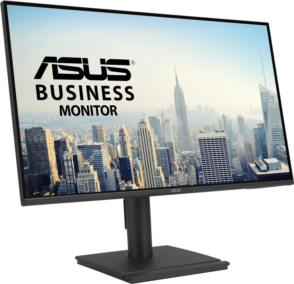 Na obrázku je monitor Asus BE27AQ 27" v tmavě šedém provedení z předního šikmého pohledu. Má tenké rámečky po stranách i nahoře a širší spodní lištu s logem Asus uprostřed. Monitor stojí na jednoduchém válcovém stojanu s hranatou plochou základnou. Konstrukce působí střídmě a kancelářsky, bez výrazných herních nebo dekorativních prvků.