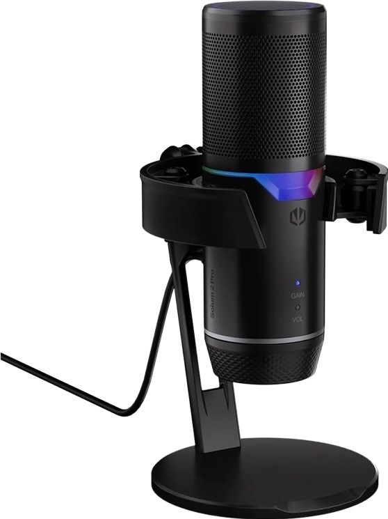 Černý mikrofon ENDORFY Solum 2 Pro na stolním stojanu s antivibračním držákem a RGB podsvícením.