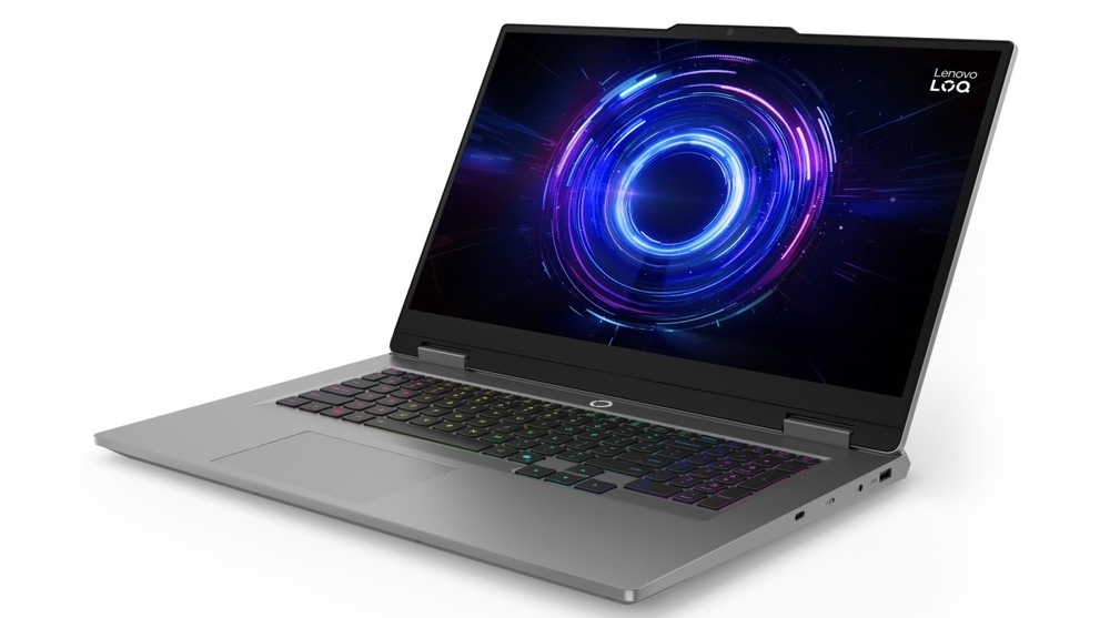 Notebook Lenovo LOQ 17IRX10 šedý Otevřený a zapnutý notebook Lenovo LOQ 17IRX10 otočený doleva
