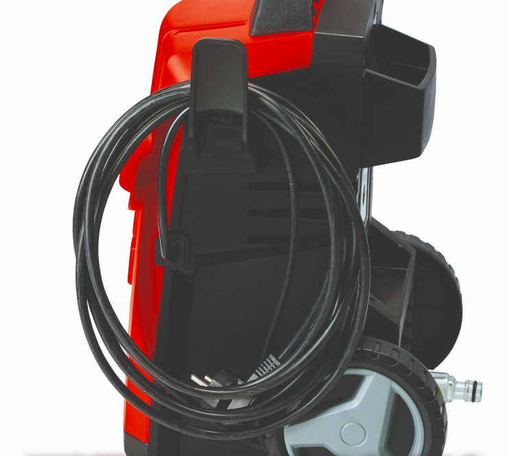 Zadní část vysokotlakého čističe Einhell Expert TC-HP 130 s uloženou hadicí a držáky příslušenství