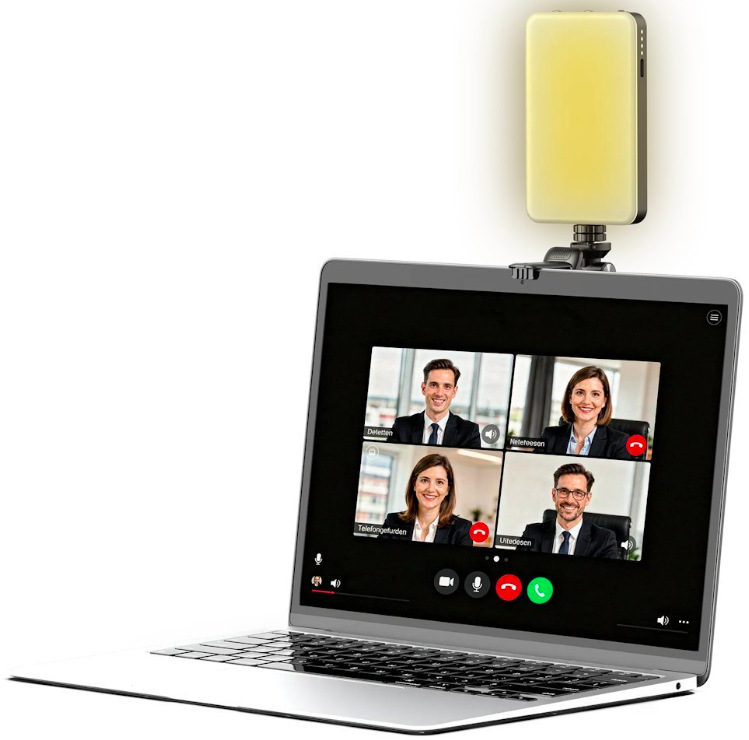 Rollei LUMIS Mini Creator RGB připevněný k notebooku pro videohovory a online schůzky