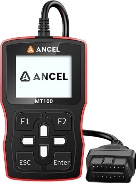 Diagnostika pro motocykly Ancel MT100 zepředu v černo-červeném provedení, s displejem, fyzickými ovládacími tlačítky a připojeným OBD konektorem.