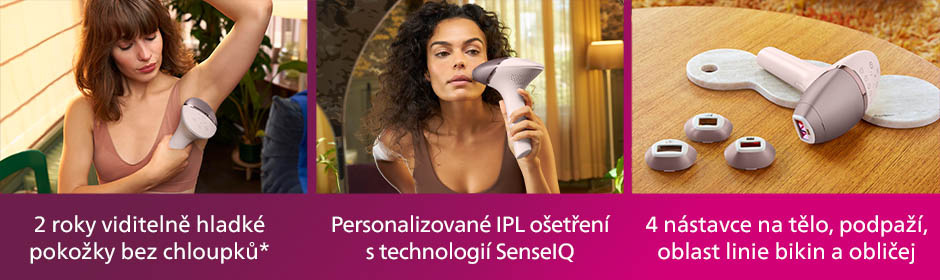Tři obrázky, na kterých jsou dvě ženy používající epilátor Philips BRI977/00 Lumea IPL Series 9900. V levém okýnku je epilátor položen na stolku.