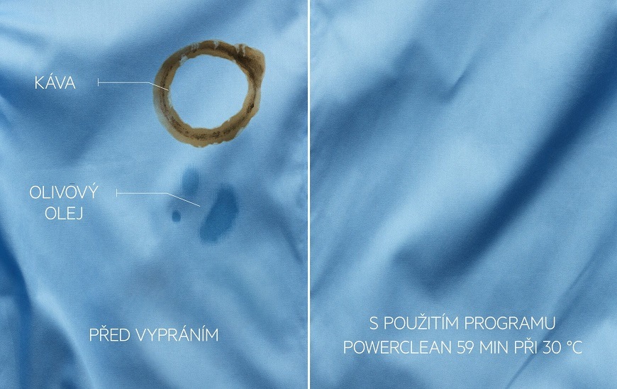 Pračka se sušičkou AEG PowerCare 8000 LWR85165AC bílá Vlevo tkanina se skvrnami od kávy a olivového oleje – před vypráním. Vpravo tkanina bez skvrn – po použití programu PowerClean 59 minut při 30 stupních.