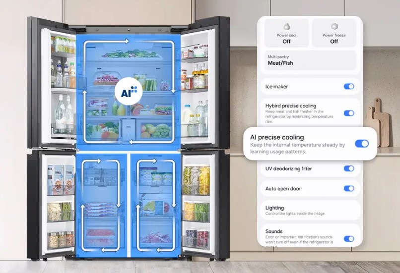 Americká lednice Samsung RM90F67CECEO černá Otevřená lednice s ukázkou funkce AI Precise Cooling v aplikaci SmartThings