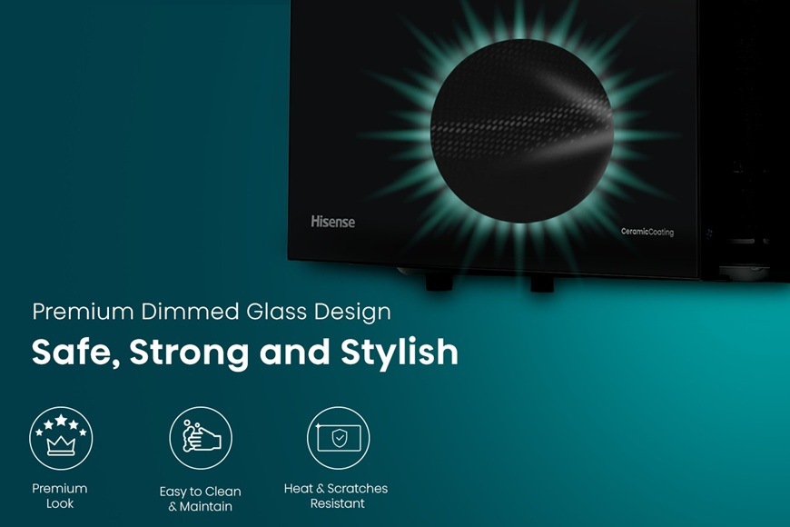 Mikrovlnná trouba Hisense H23MOBSD2H4 černá Detailní záběr na dvířka mikrovlnky Hisense H23MOBSD2H4. Sklo je mimořádně odolné proti poškrábání a odolá i vysokým teplotám.