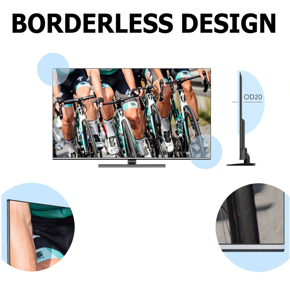 Nápis Borderless design, televize Finlux se záběrem cyklistického závodu, vlevo je detail bezrámečkového designu v kolečku, vpravo je televize Finlux při pohledu z boku, vpravo dole je v kolečku detail dekorativní kovové lišty televize